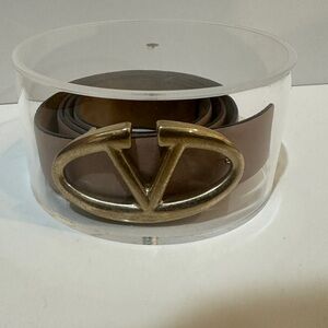 Valentino Tan/Light Pink Logo Leather Belt with Gold V Buckle Sz 85